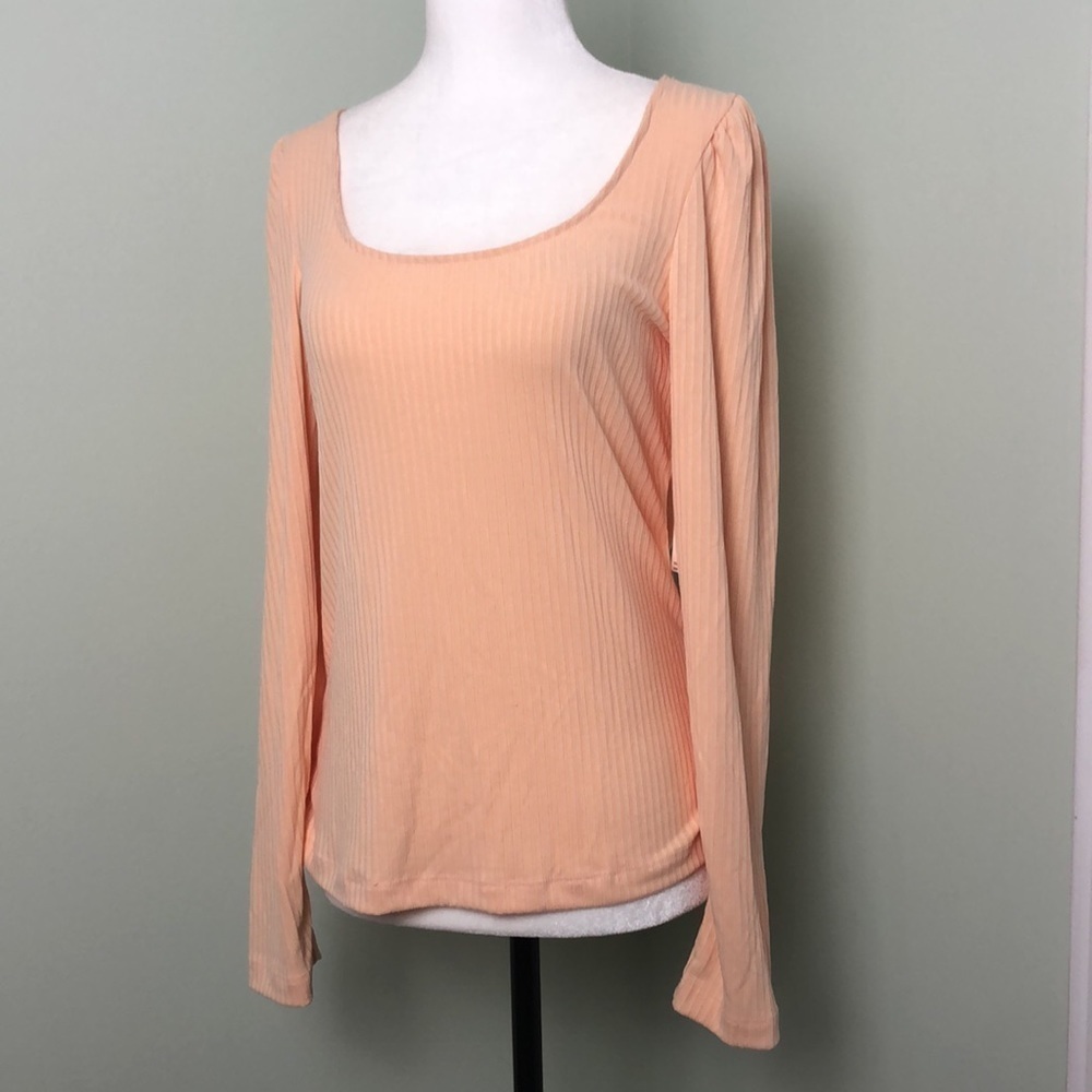 🧡 S 🧡 NWT Anthro Top Ribbed Low Cut Scoop Neck Puffed Sleeves